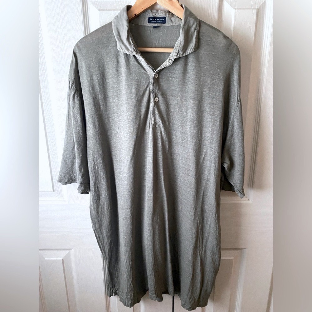 PETER MILLAR Crown Crafted Greystone Sage Fog 100% Linen Golf Polo Shirt SZ XL